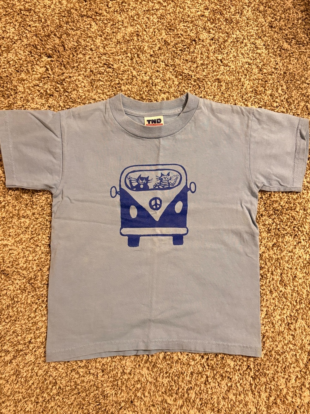 Vintage Light Blue Kids Tee with Cats in a Van Graphic